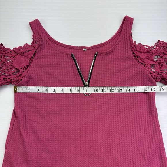 Pink Waffle Knit Short Sleeve Shirt Size Medium Lace Sleeves Front Zip - Picture 4 of 5